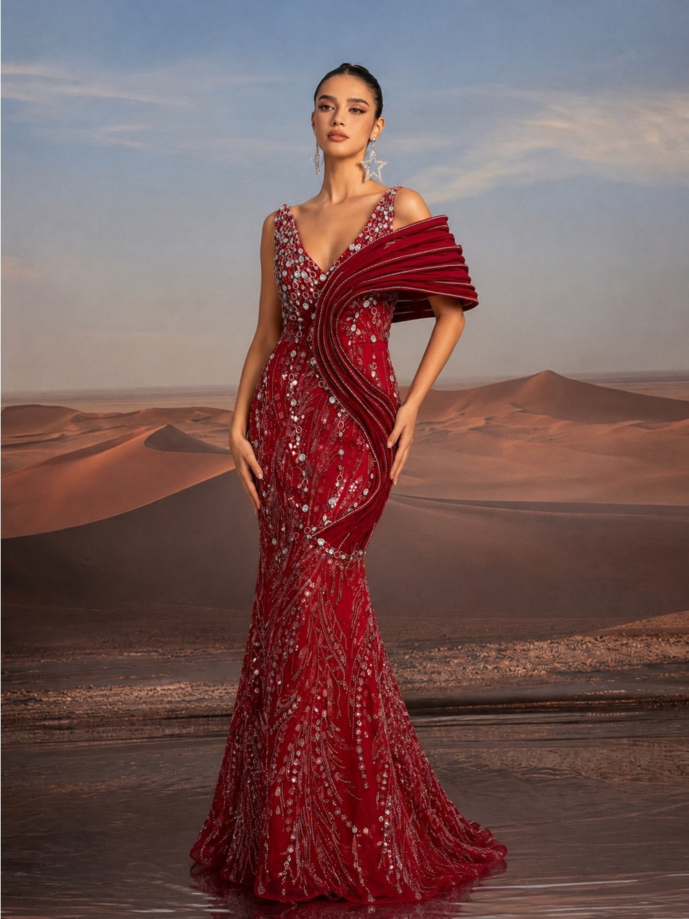 Elegant Red Embellished Evening Gown - Sleeveless V-Neck